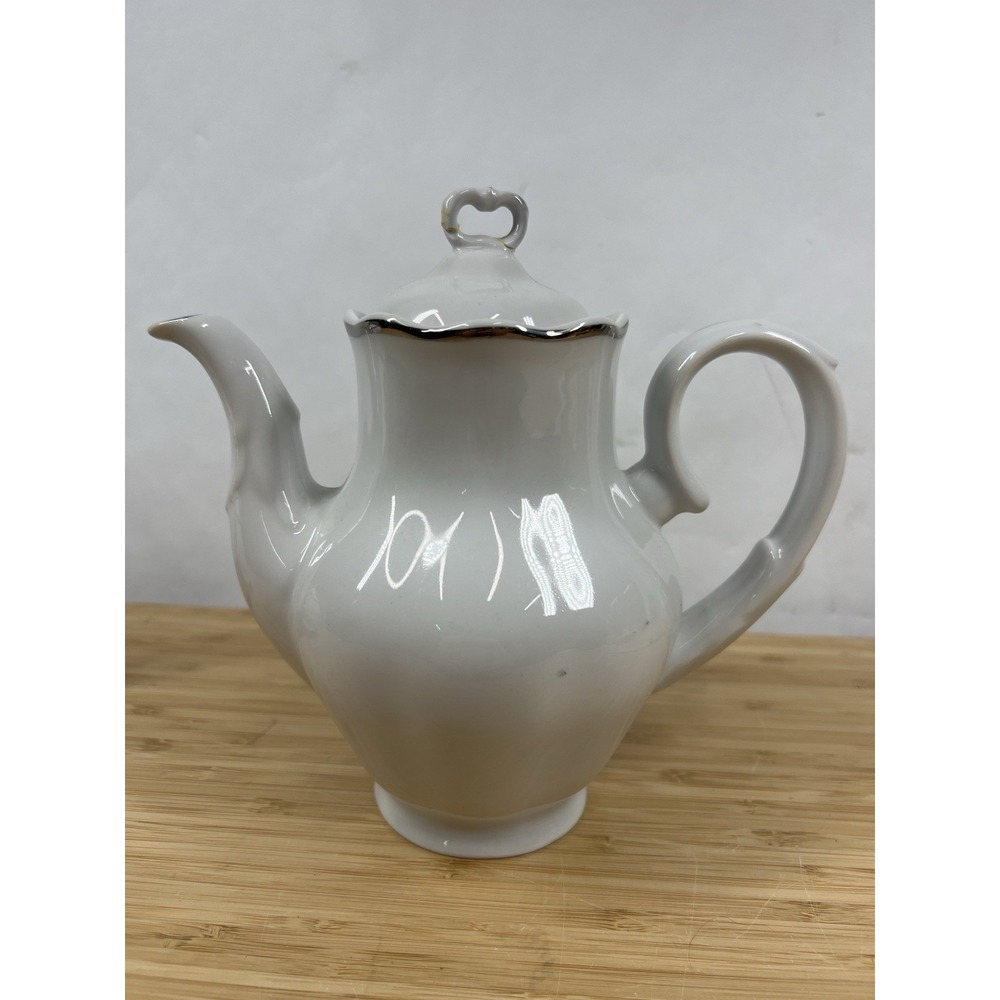 Vintage Polish Porcelain Teapot White Gold Trim – Repaired Lid – Made in‎ Poland
